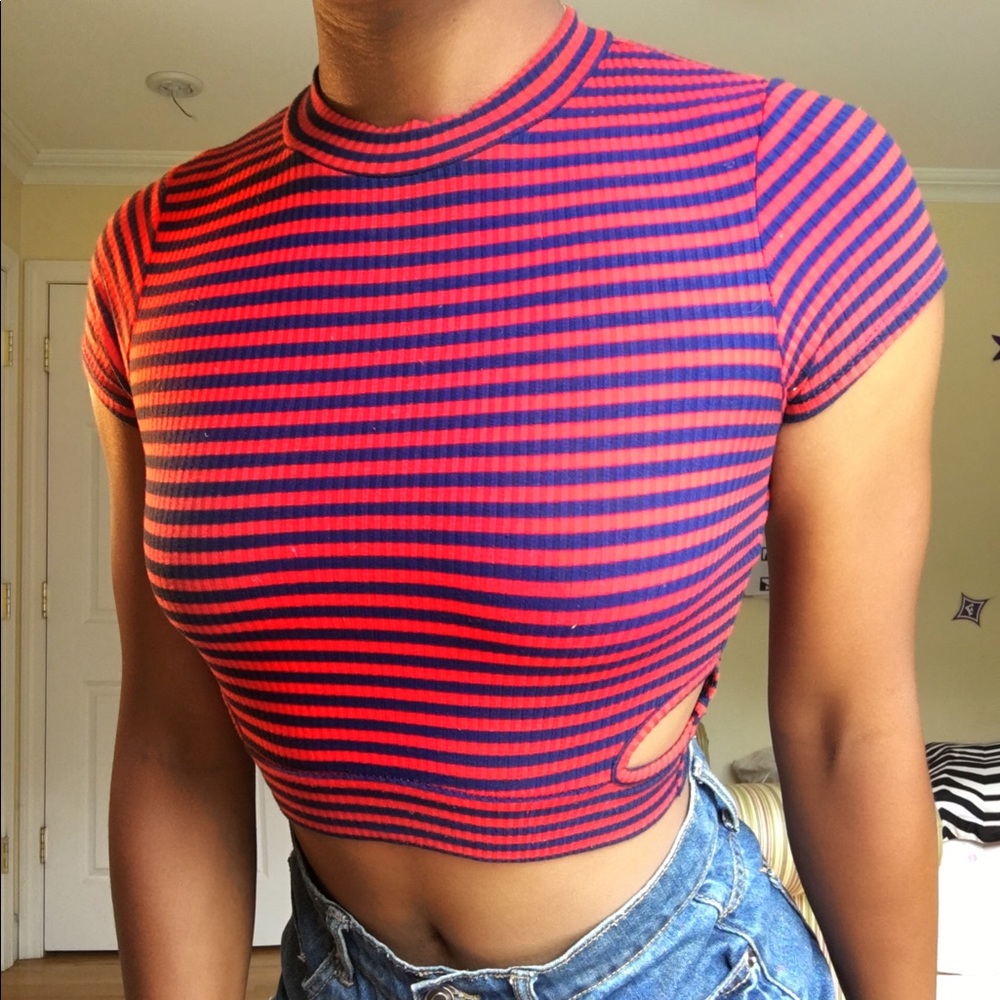 Red and Navy Blue striped crop top